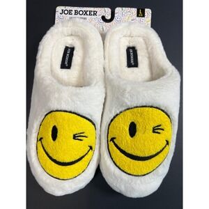 Joe Boxer Womens Smiley Face Slippers White Faux Fur Winking Emoji Size L 9-10